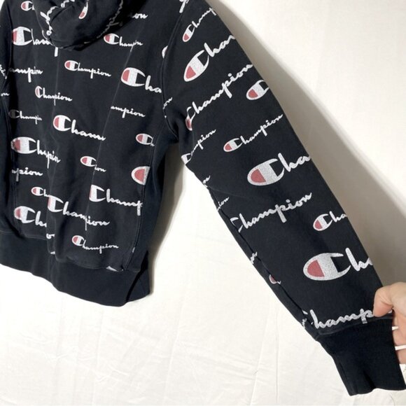 Vintage Champion Reverse Weave Black All Over Logo Print Hoodie M - Picture 14 of 16